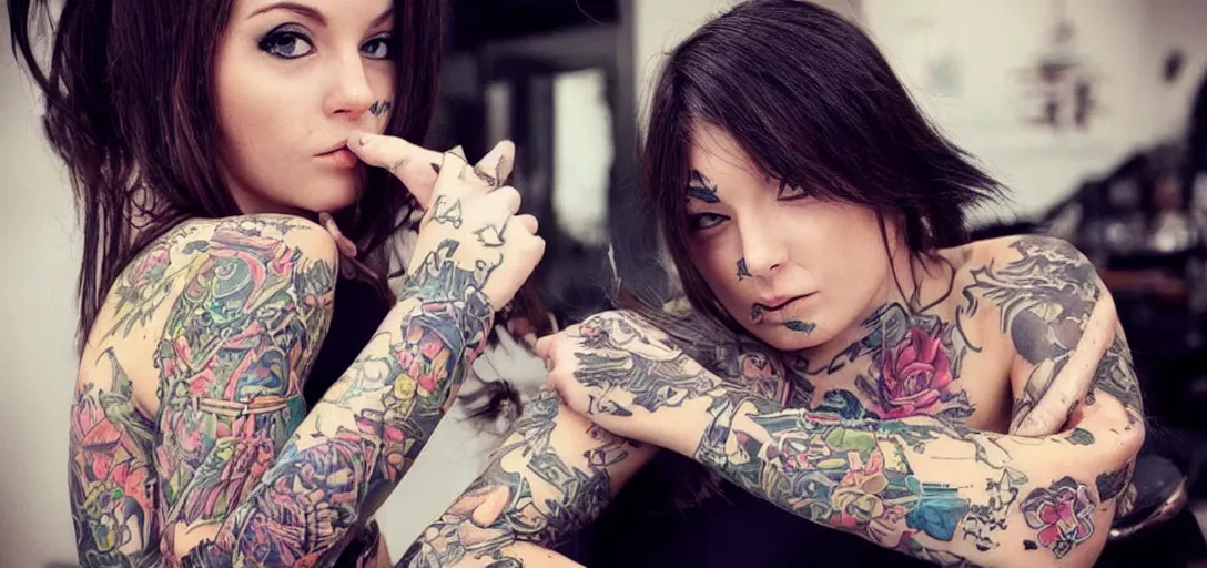 Image similar to a beautiful cat girl with tattoos