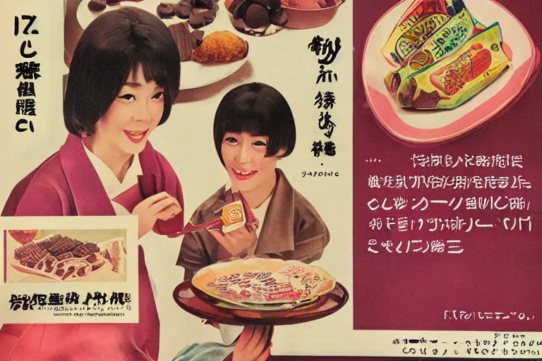 Image similar to chocolate advertisment, still life, 1 9 7 0 s japan shouwa advertisement, print, nostalgic