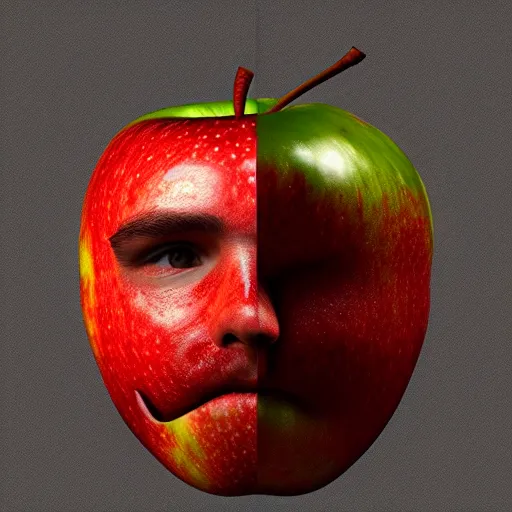 Prompt: a man's face is fused into an apple, artstation, cgsociety, 8 k
