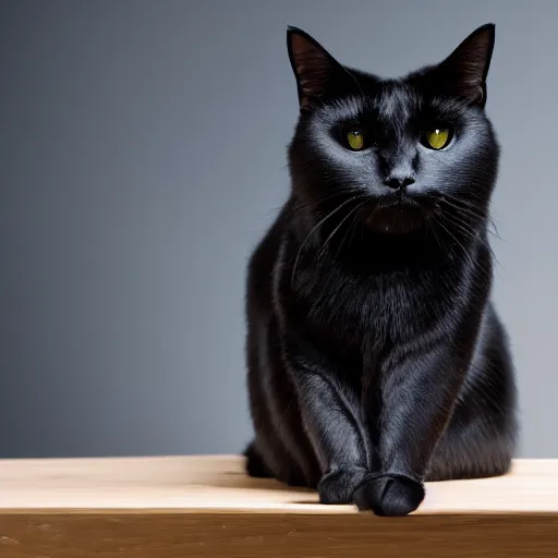 Prompt: studio photograph of a black cat sitting on a table