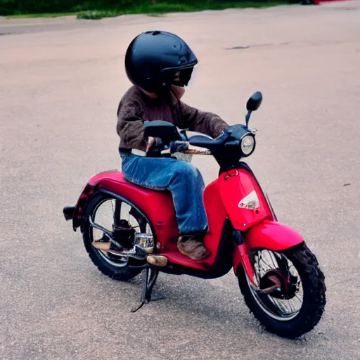 Prompt: Gray Bully dog riding a honda cub 50