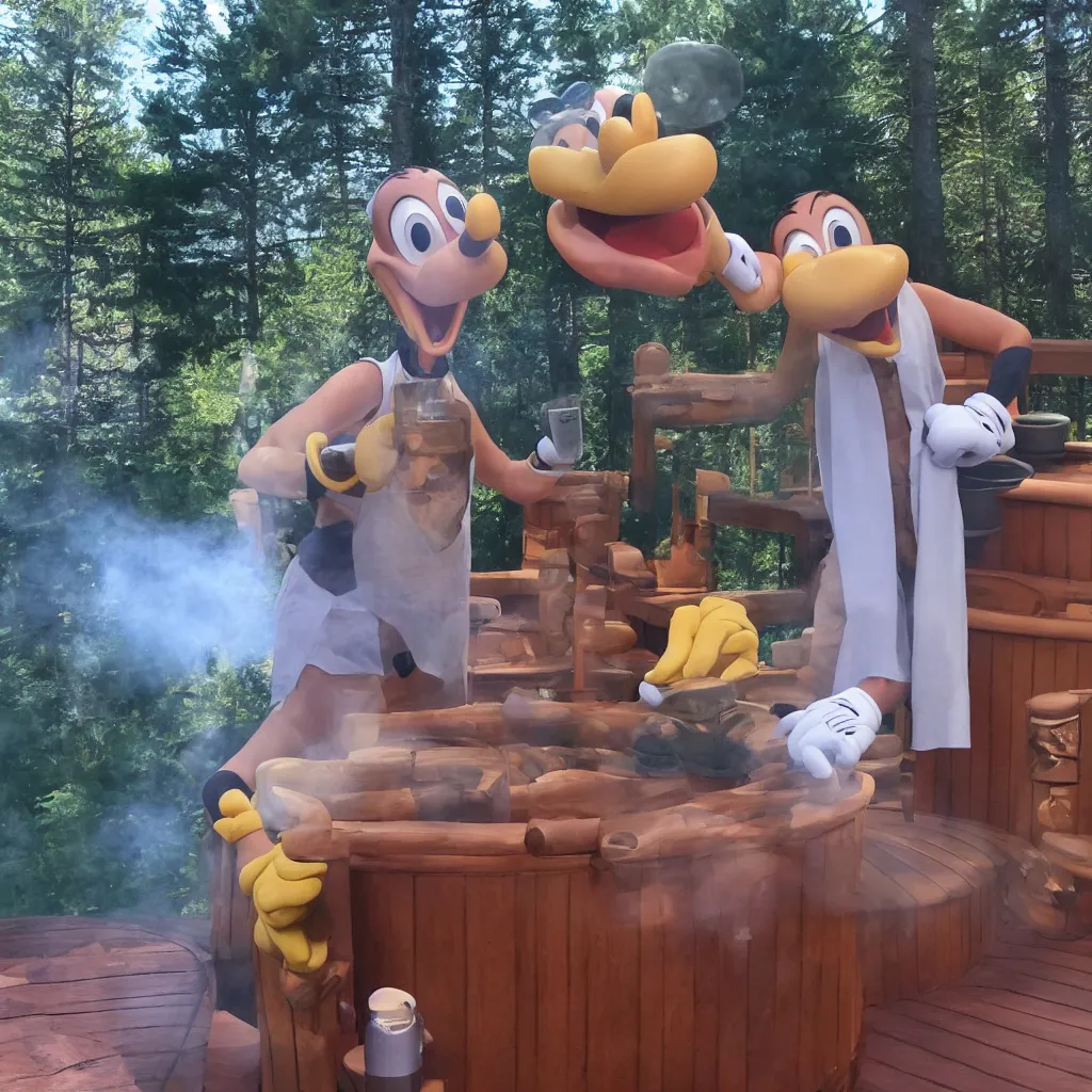 Prompt: disney's goofy sweating in finnish sauna