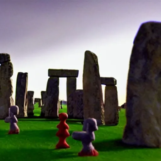 Prompt: An ancient tribal ritual conducted in Stonehenge in claymation