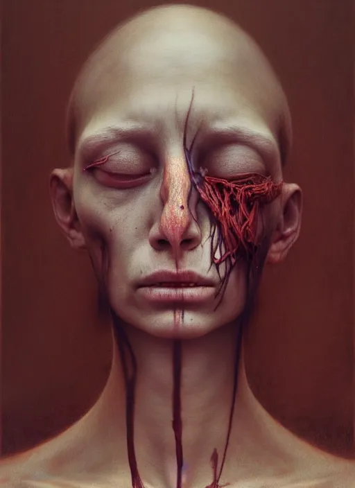 Prompt: there is ugliness in beauty, but there is also beauty in ugliness detailed portrait painting inspired by beksinski and alex gray, accurate anatomy, haunting cinematic photography, vintage grain, by jenny saville, trending on artstation. 8 k