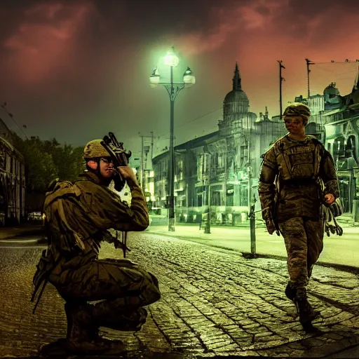 Image similar to soldier and angle met at night time, filmic, dramatic, night vision, wide angle, vignette, only green color, 4 k, 8 k, sad, devil, cinematic lighting, insanely detailed and intricate, hypermaximalist, elegant, ornate, hyper realistic, super detailed