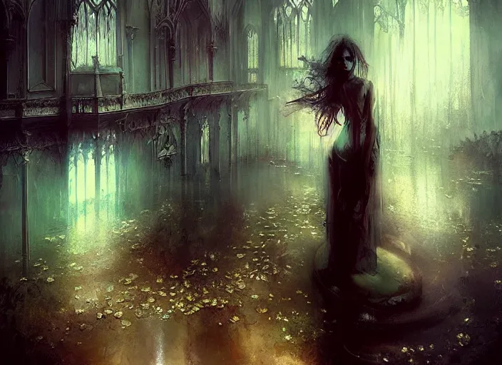 Prompt: flooded gothic mansion, ornate, magical, artwork, paint, soft colors, bastien lecouffe deharme, by jeremy mann