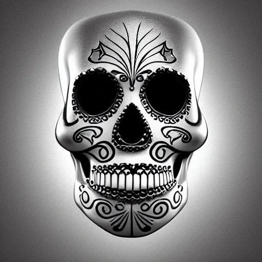 Image similar to “sugar skull In chrome, 3D, maya, studio lighting”