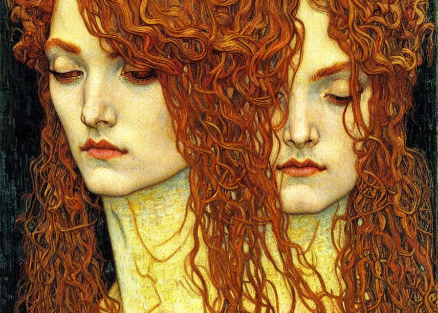 Image similar to detailed realistic beautiful young medieval queen face portrait by jean delville, gustav klimt and vincent van gogh, art nouveau, symbolist, visionary, gothic, pre - raphaelite, muted earthy colors, desaturated