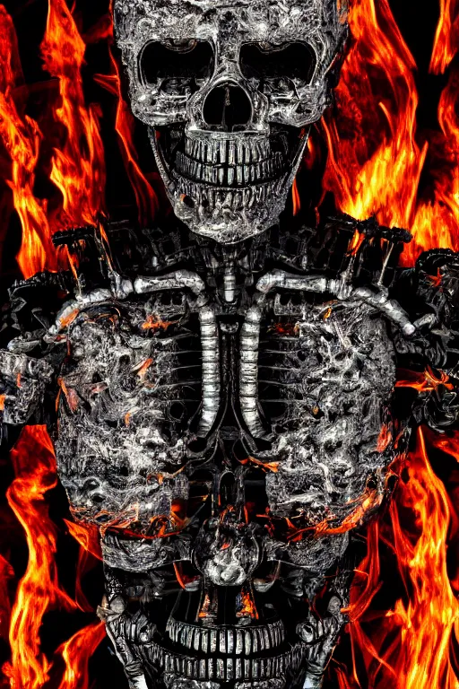 Image similar to detailed matte portrait of a t 8 0 0 endoskeleton shrouded in fire and burning embers, intricate, elaborate, specular, chrome, reflection, chromatic abberation