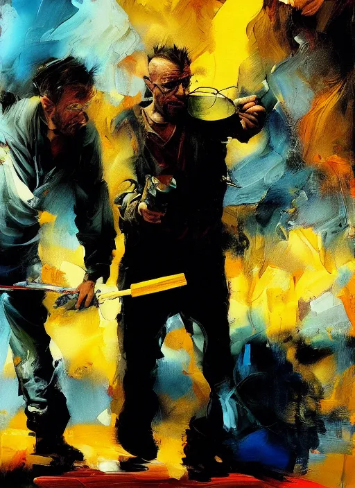 Image similar to walter white and jesse pinkman cooking meth, smoke, painting by phil hale, fransico goya,'action lines '!!!, graphic style, visible brushstrokes, motion blur, blurry, visible paint texture, crisp hd image