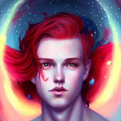 Prompt: colorful and Festive Captivating Fairy boy with red hair portrait, atmospheric lighting, painted, intricate, highly detailed by Charlie Bowater