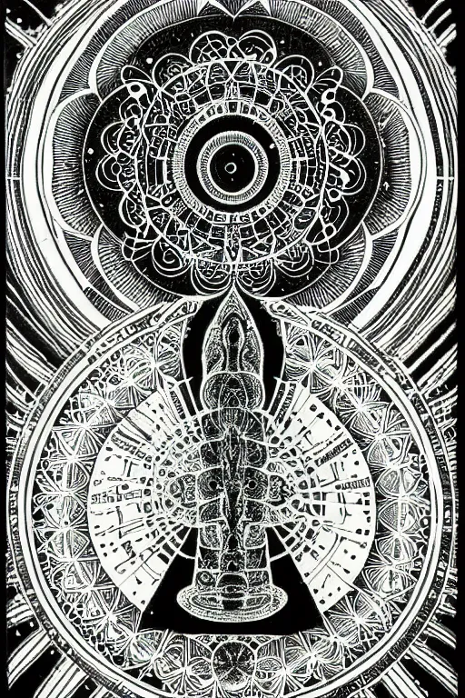 Prompt: a black and white drawing of chakra mandala ancient stargate portal, bioluminescence, a detailed mixed media collage by eduardo paolozzi and ernst haeckel, intricate linework, sketchbook psychedelic doodle comic drawing, geometric, deconstructivism, matte drawing, academic art, constructivism