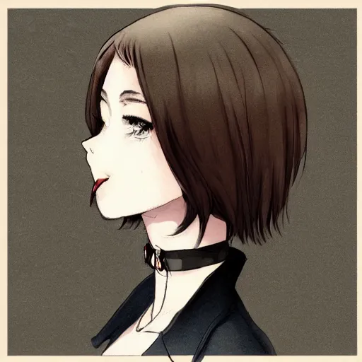 Image similar to portrait of a girl with short brown hair, wearing a white blouse and black choker, smoking a cigarette, drawn by WLOP, by Avetetsuya Studios, attractive character, colored sketch anime manga panel, unsaturated, dull colors, trending on Artstation