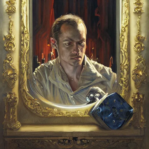 Image similar to The man in the mirror portrait art by Donato Giancola and Bayard Wu, digital art, trending on artstation, 4k