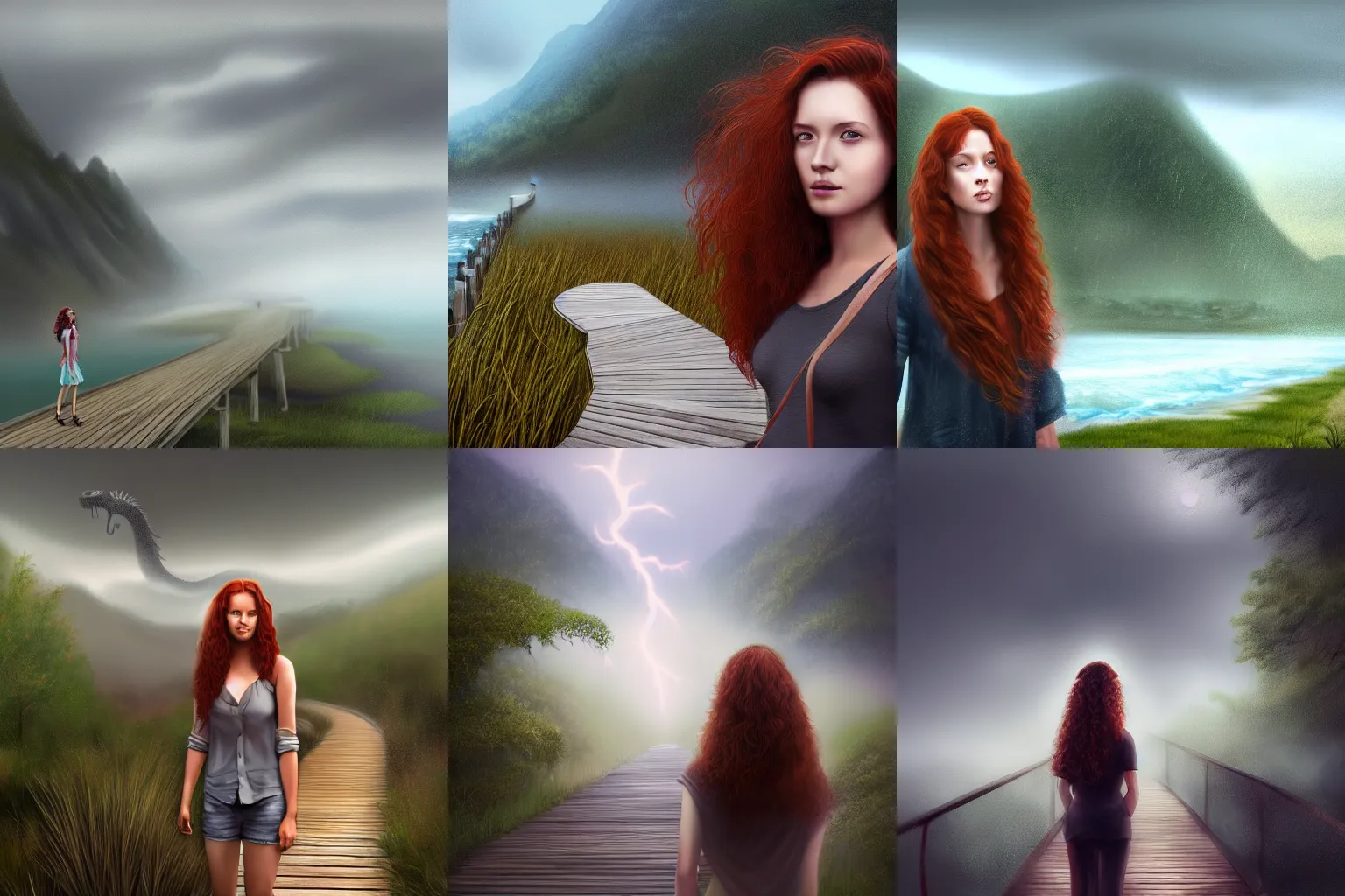 Prompt: a realistic digital painting of a woman with curly long redhair standing in a boardwalk besides a river looking at a dragon flying out of the mountains in a fog during a thunderous weather, trending on ArtStation