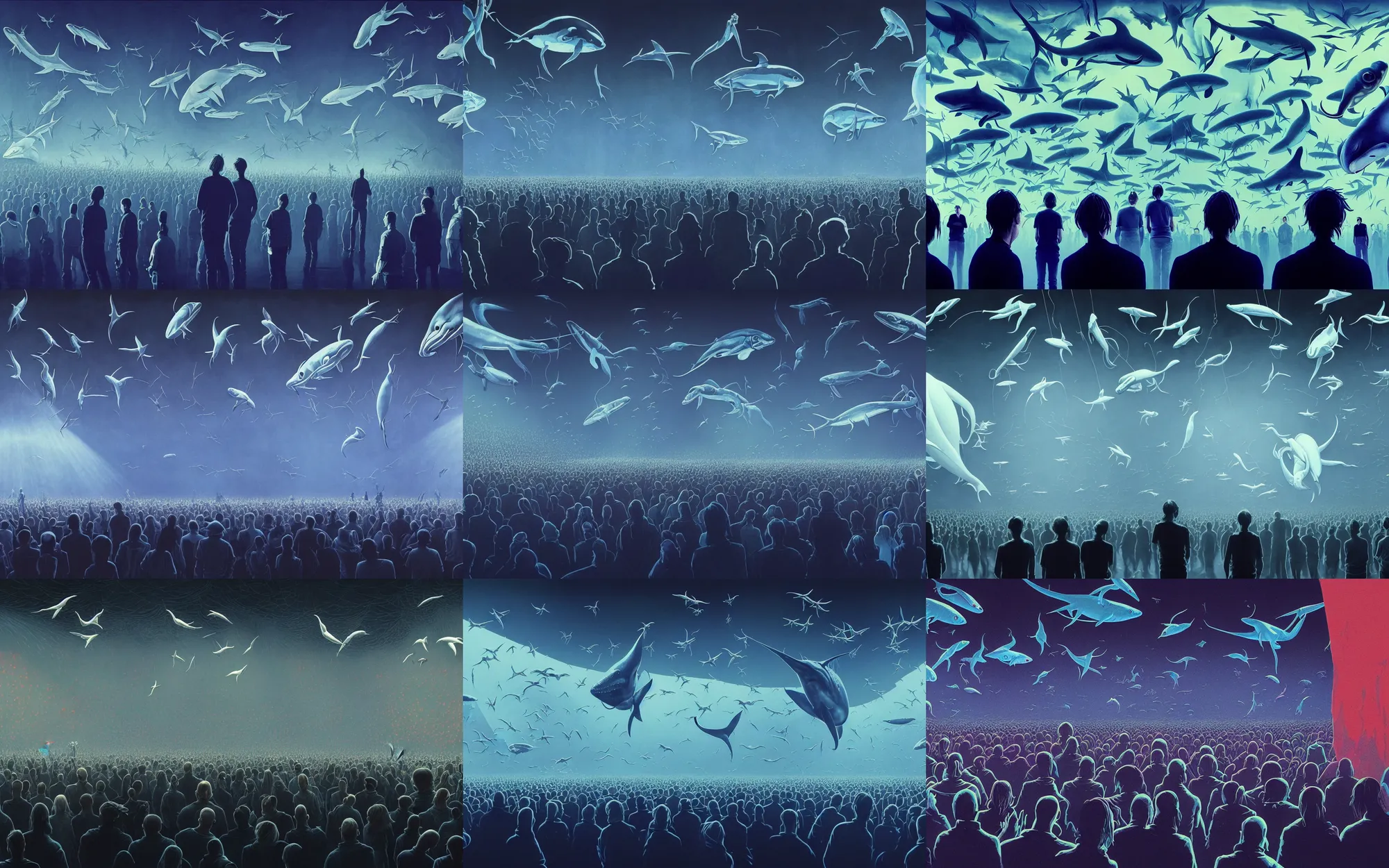 Prompt: thom yorke and radiohead looking at weird fishes in the air at a radiohead concert, whales, mantis, dolphins and swordfish, concept art by james jean, ralph macquarrie, greg rutkowski and james gurney, volumetric light, audience in the background, global illumination, detailed, dreamy, surreal, atmospheric