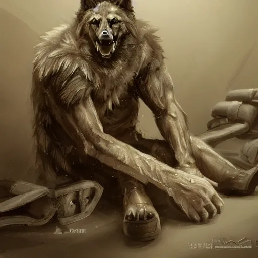 Image similar to a wounded humanoid german shepherd beast - man in military style, sitting on the carpeted floor beside a bed, highly detailed portrait, digital painting, artstation, concept art, smooth, sharp foccus ilustration, artstation