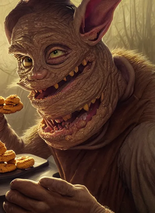 Image similar to highly detailed closeup portrait of a medieval goblin eating cookies, stephen bliss, unreal engine, greg rutkowski, ilya kuvshinov, ross draws, hyung tae and frank frazetta, tom bagshaw, tom whalen, nicoletta ceccoli, mark ryden, earl norem, global illumination, god rays, detailed and intricate environment