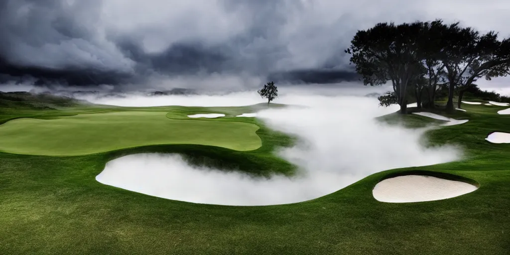 Image similar to a great photograph of the most amazing golf hole in the world, on top of the clouds, lightning storm, ambient light, golf digest, top 1 0 0, fog