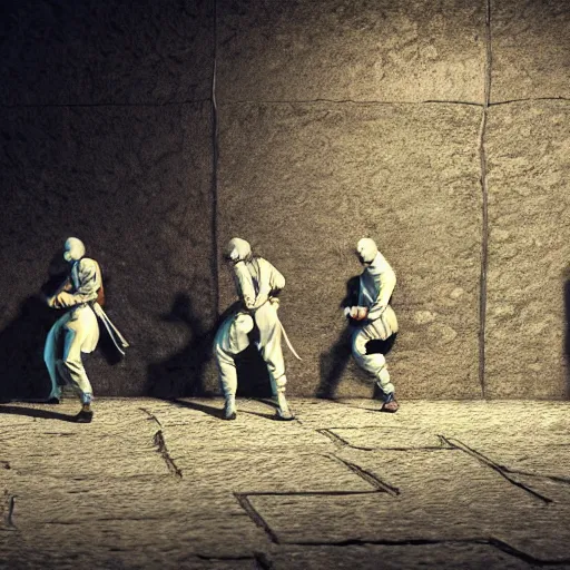 Prompt: a group of mysterious ninjas at the base of a crumbling wall, moonlight, concept art, ultra high definition, matte