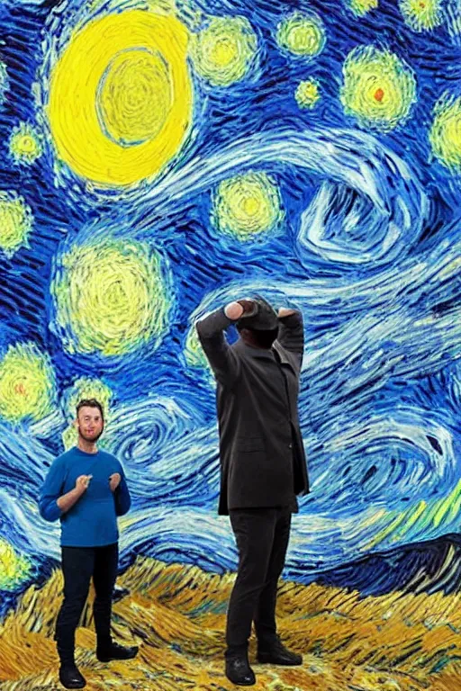 Image similar to joyous, fit, powerful, vincent van gogh standing next to his small painting starry night which is on an easel, stop motion vinyl action figure, plastic, toy, butcher billy style