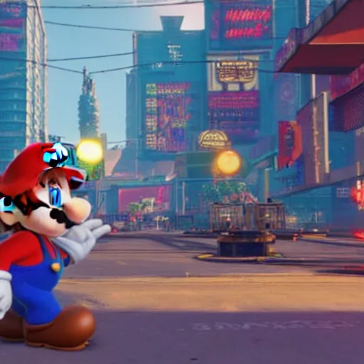 Image similar to super mario brothers in cyberpunk 2 0 7 7 unreal engine 5 8 k