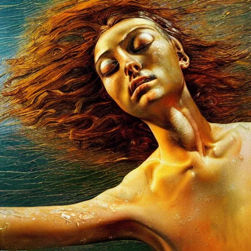 Image similar to high quality high detail painting by lucian freud and beksinski, hd, girl swimming