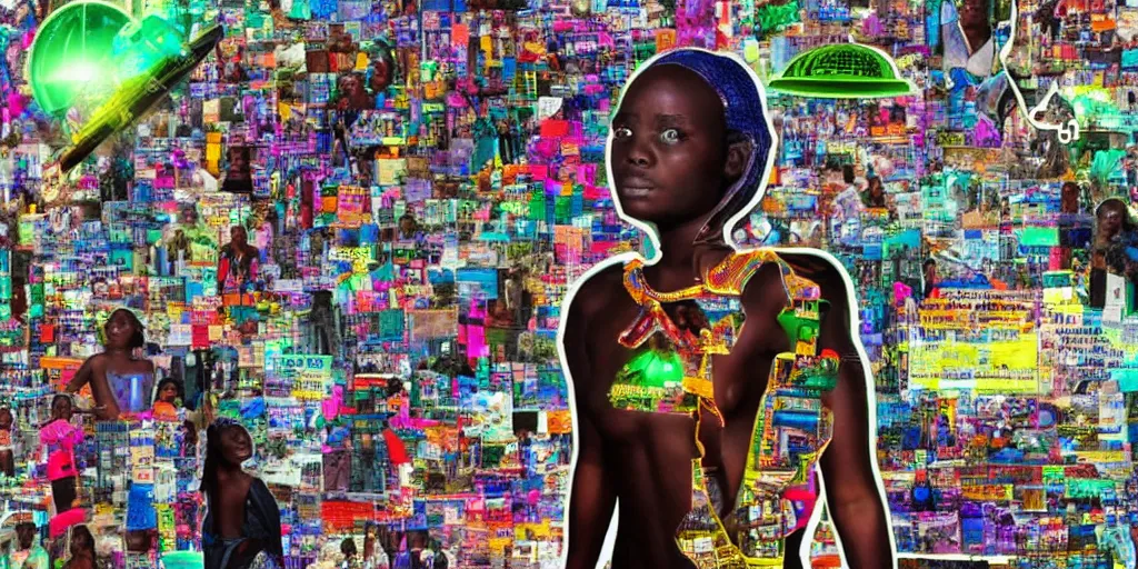 Image similar to robot of Ajegunle slums of Lagos inside African Jesus Christ about beauty surrounding a large UFO with neon ray of light, magazine collage,