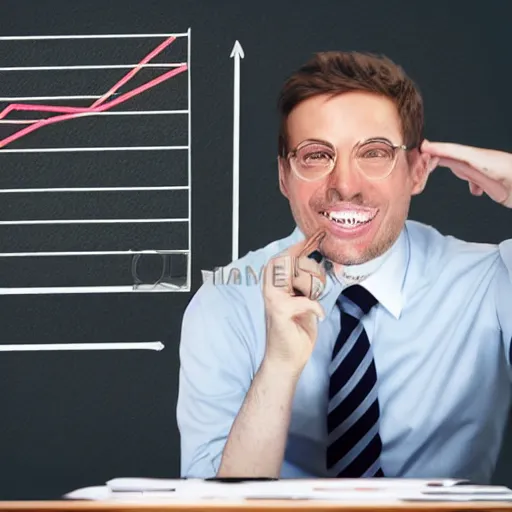 Image similar to hyperrealistic illustration cinematic hyperrealism happy businessman behind him is a statistical graph of high profits