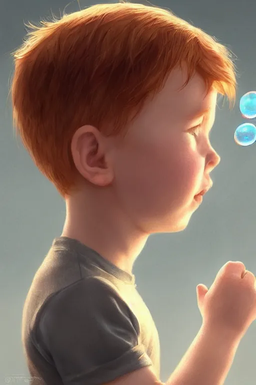 Prompt: a little boy with ginger hair chasing bubbles. clean elegant simple illustration, beautiful detailed face. by artgerm and greg rutkowski