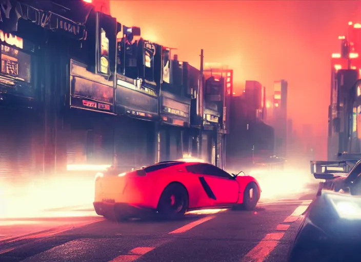 Image similar to Bladerunner 2049 scene red sports car driving on empty road dark atmospheric volumetric lighting grungy moody dark cinematic Roger Deakins Cinematography futuristic cyberpunk car soul red GTR NSX RX8 C3 Chaser S16 Evo X Z07 R34 ikuo maeda Newton Thomas Sigel bladerunner 2049 screen cap still