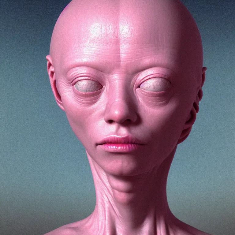 Prompt: closeup portrait of a ribbed pink alien by hieronymus bosch, soft glow bloom lucid dream - like ethereal atmosphere, baroque portrait painting, perfect composition, beautiful intricate detailed octane render trending on artstation, 8 k artistic photography, volumetric cinematic perfect light, chiaroscuro, masterpiece, raphael, caravaggio, rutkowski, beeple, beksinski