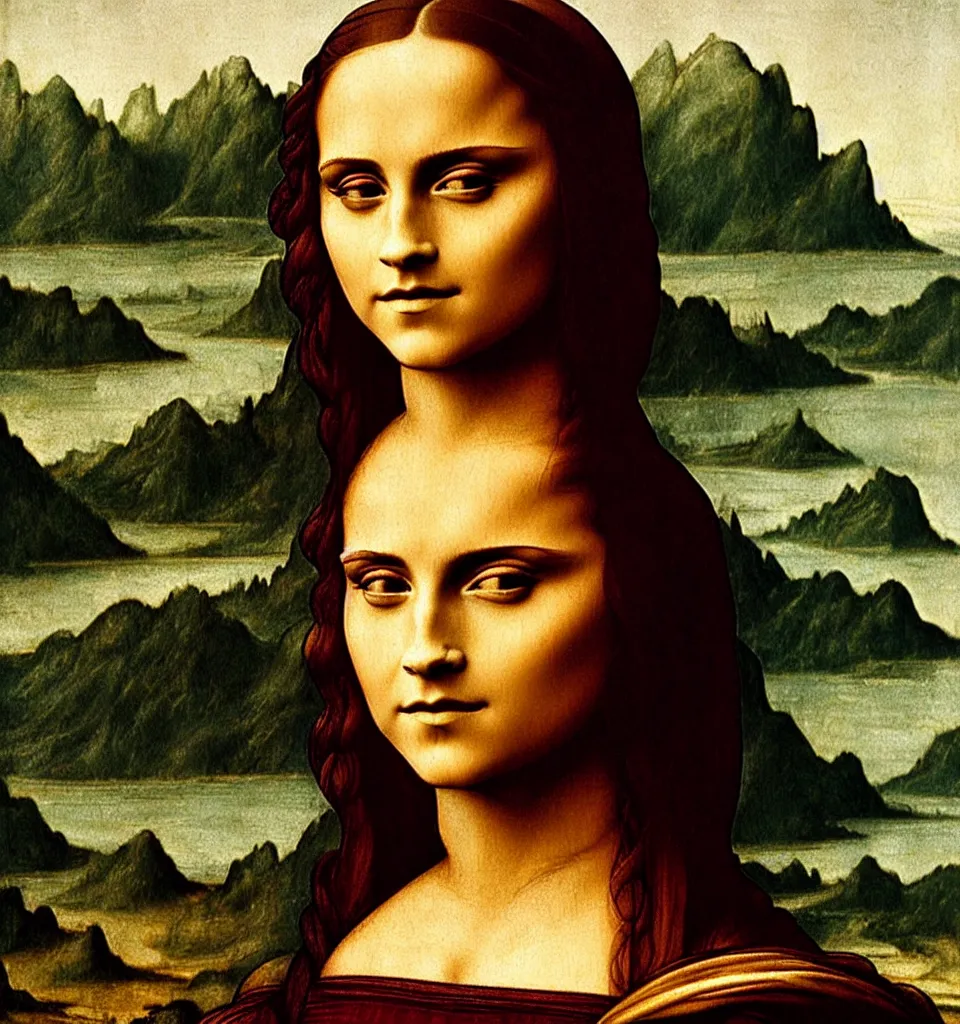 Image similar to emma watson oil painting by leonardo da vinci in style of mona lisa, close up portrait