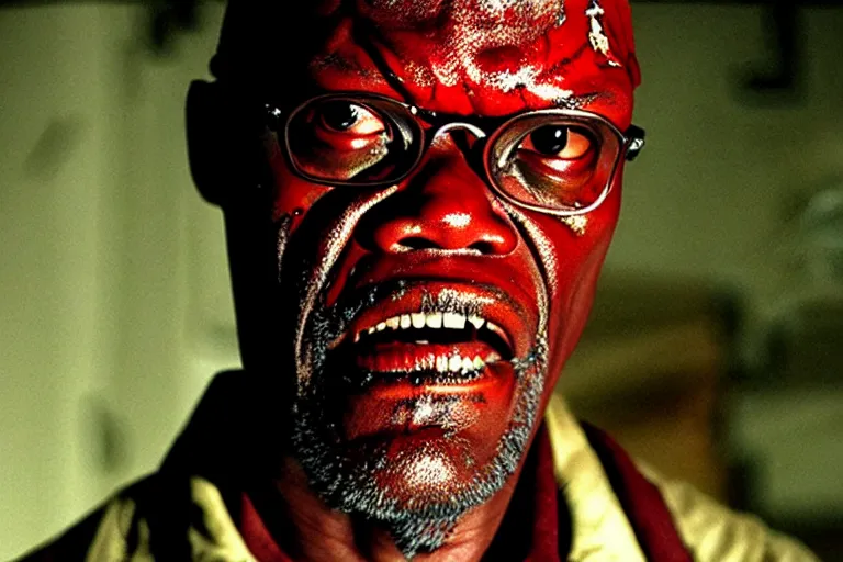 Image similar to samuel l. jackson as a zombie, blood, decay, cinematic lighting, portrait, medium shot, horror movie still