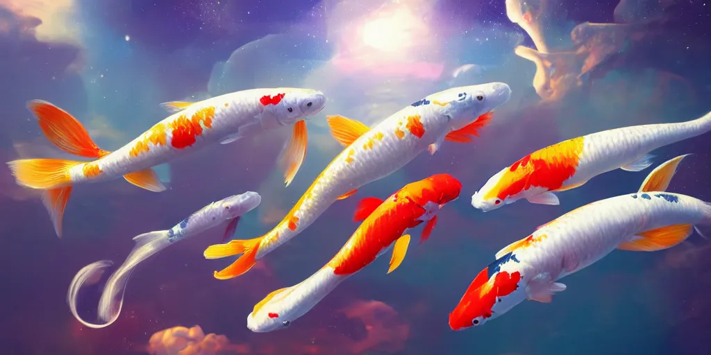 Prompt: koi fish floating in space, realistic detailed digital art by maxwell boas, jessica rossier, christian dimitrov, anton fadeev, trending on artstation, cgsociety, rendered in unreal engine, soft colors, 4 k, hq