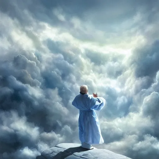 Image similar to robin williams talking with george carlin in heaven, white beard, blue eyes, white robe, clouds, heaven, intricate, detailed, volumetric lighting, scenery, digital painting, highly detailed, artstation, sharp focus, illustration, concept art, ruan jia, steve mccurry