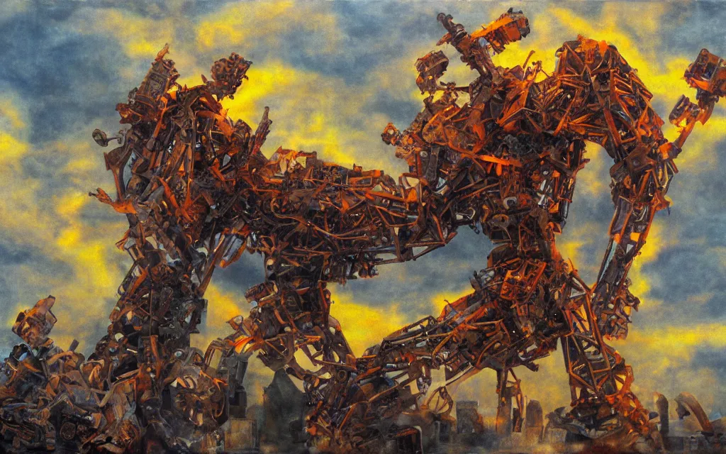 Prompt: the machine god titan awakening after the second human extinction, award winning oil painting