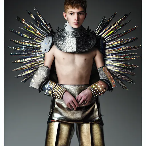 Image similar to a portrait of a beautiful young male wearing an alexander mcqueen armor made of holographic spikes , photographed by andrew thomas huang, artistic