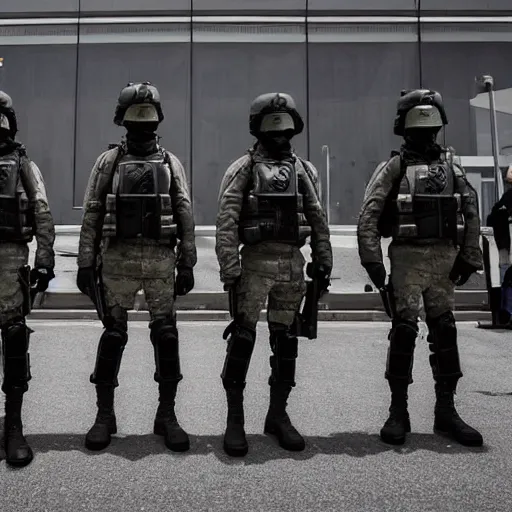 Prompt: a squad of futuristic security soldiers