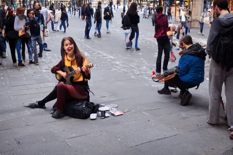 Prompt: a busking girl in the streets of paris with a pirate smile, hyperrealism, 8k