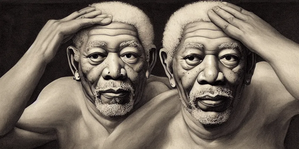 Image similar to Morgan Freeman human anatomy by Leonardo da Vinci, light blue tint, concept art