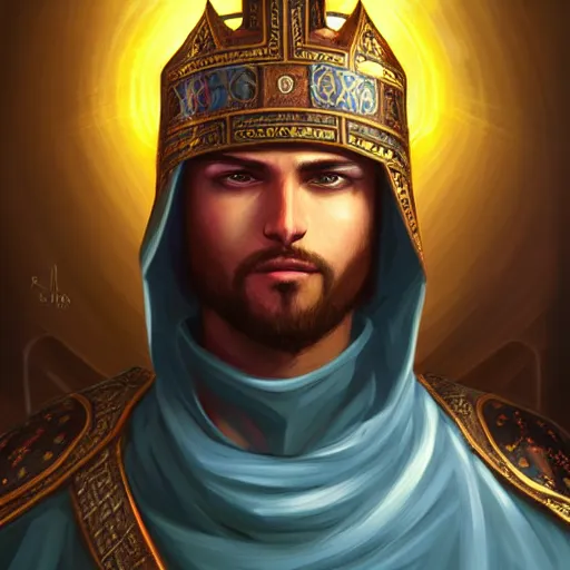 Prompt: detailed portrait of holy crusader, old roman style, non - reflective blue neon cloak, decorated with traditional holy church ornaments by rhads, makoto shinkai cyril rolando, madgwick illustrated, perfect face, fine details, realistic shaded, fine - face, pretty face