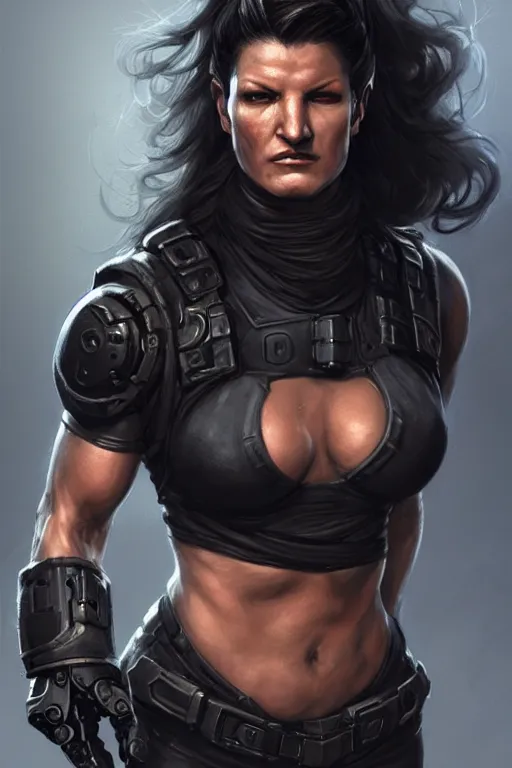 Image similar to gina carano as an ork with robotic left arm, casual black clothing, muscular, realistic proportions, casual pose, large portrait, sci - fi, shadowrun, rpg character, digital painting, artstation, concept art, smooth, 8 k frostbite 3 engine, ultra detailed, art by artgerm and greg rutkowski and magali villeneuve