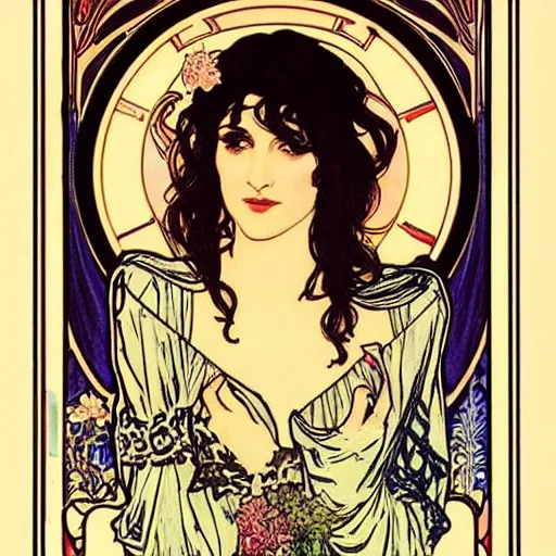 Prompt: winona ryder portrait by louis - theophile hingre and alphonse mucha, realistic, sharp focus, zodiac signs, tarot cards, planets, ethereal, art nouveau, magic, moon, sun, crown, dreamy, royal, jewellery