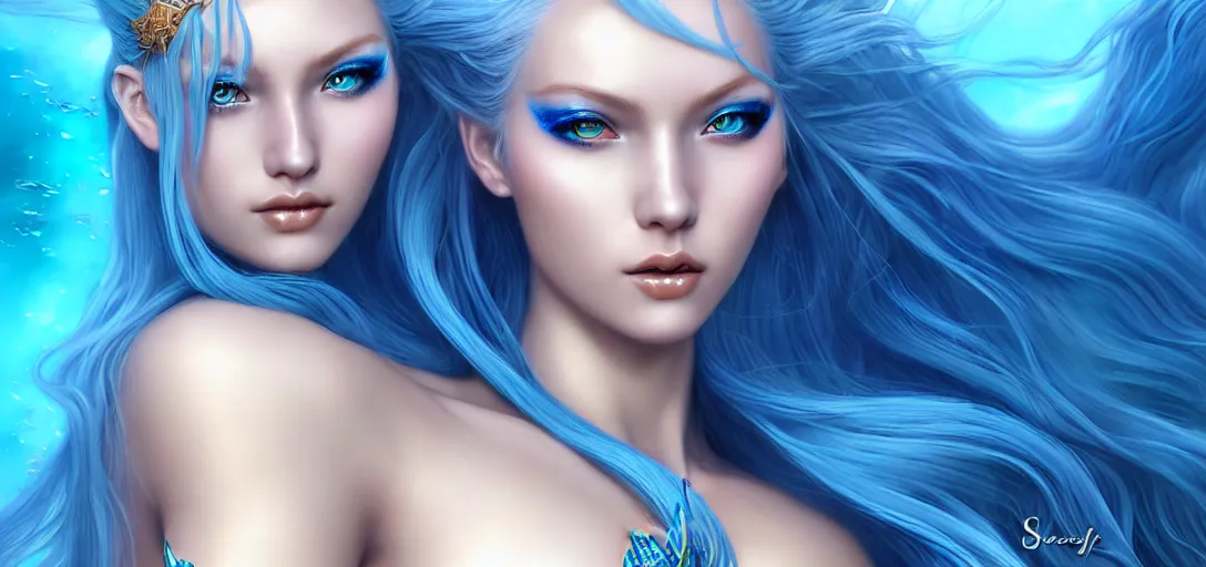 Prompt: close up portrait photo of a gorgeous female mermaid with long blue hair wearing metal armor in the style of stefan kostic, realistic, half body shot, sharp focus, 8 k high definition, insanely detailed, intricate, elegant, art by stanley lau and artgerm, extreme blur coral reef background