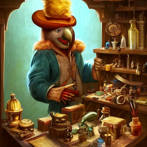 Image similar to Anthropomorphized parrot trader in his shop, selling his wares, portrait, items, magic potions, carpet, window, fancy hat, sly expression , cunning expression, cute expression, D&D, fantasy, cinematic lighting, highly detailed, digital painting, artstation, concept art, smooth, sharp focus, illustration, warm light, cozy warm tint, magic the gathering artwork, volumetric lighting, 8k, art by Akihiko Yoshida, Greg Rutkowski