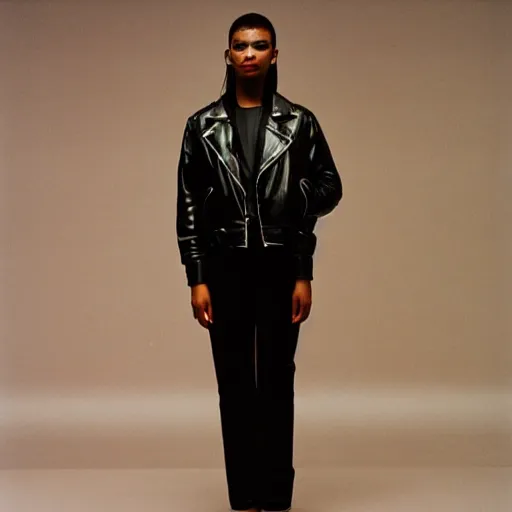 Image similar to realistic photoshooting for a new balenciaga lookbook, color film photography, portrait of a beautiful woman, model wearing a leather jacket, by photo in style of tyler mitchell, 3 5 mm,