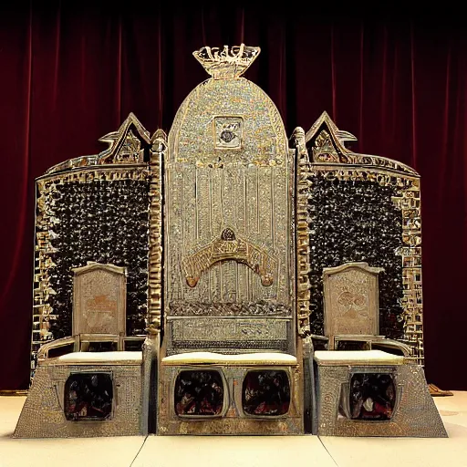 Image similar to a medieval throne room with a table and crystals as seats