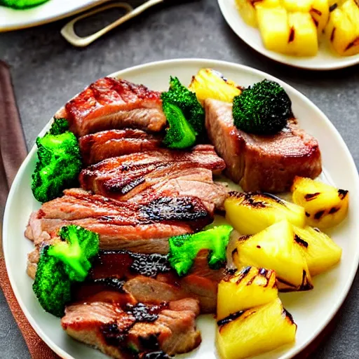 Image similar to a plate of seared glazed pork with a side of grilled pineapple and long broccoli, beautiful appetizing food photography