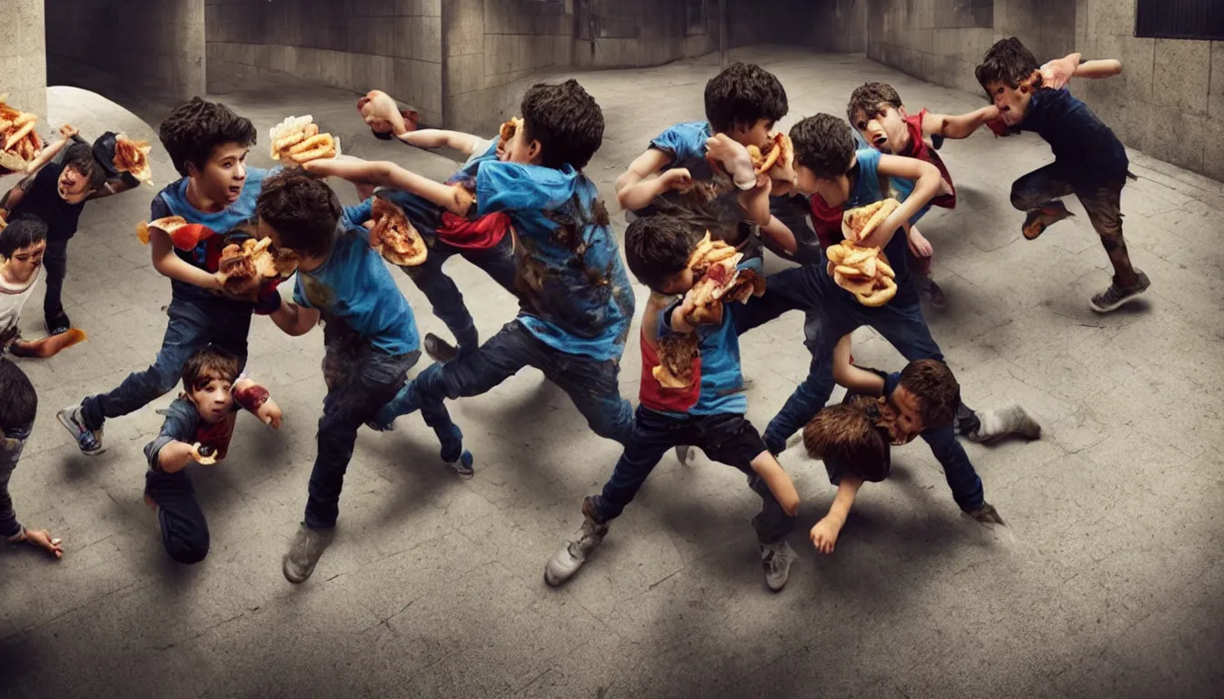 Image similar to kids fighting in a squalid subway over half eaten fast food, hyper realistic photo, full colour, upscale, 8 k